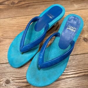 Stuart Weitzman Teal Blue Suede Leather Women's Kitten Heel Sandals Flip Flops